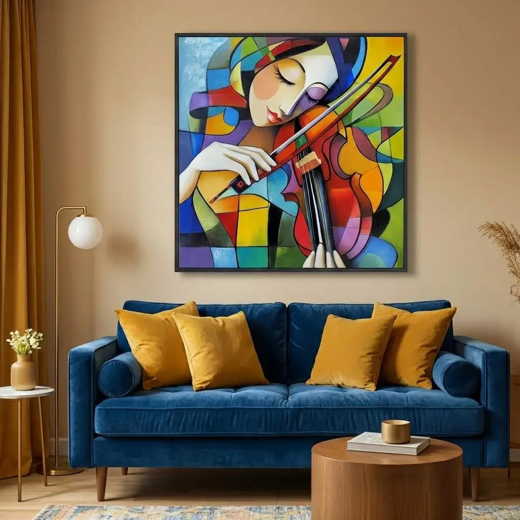 Colorful abstract painting of a woman playing a violin above a blue sofa with yellow cushions in a living room.