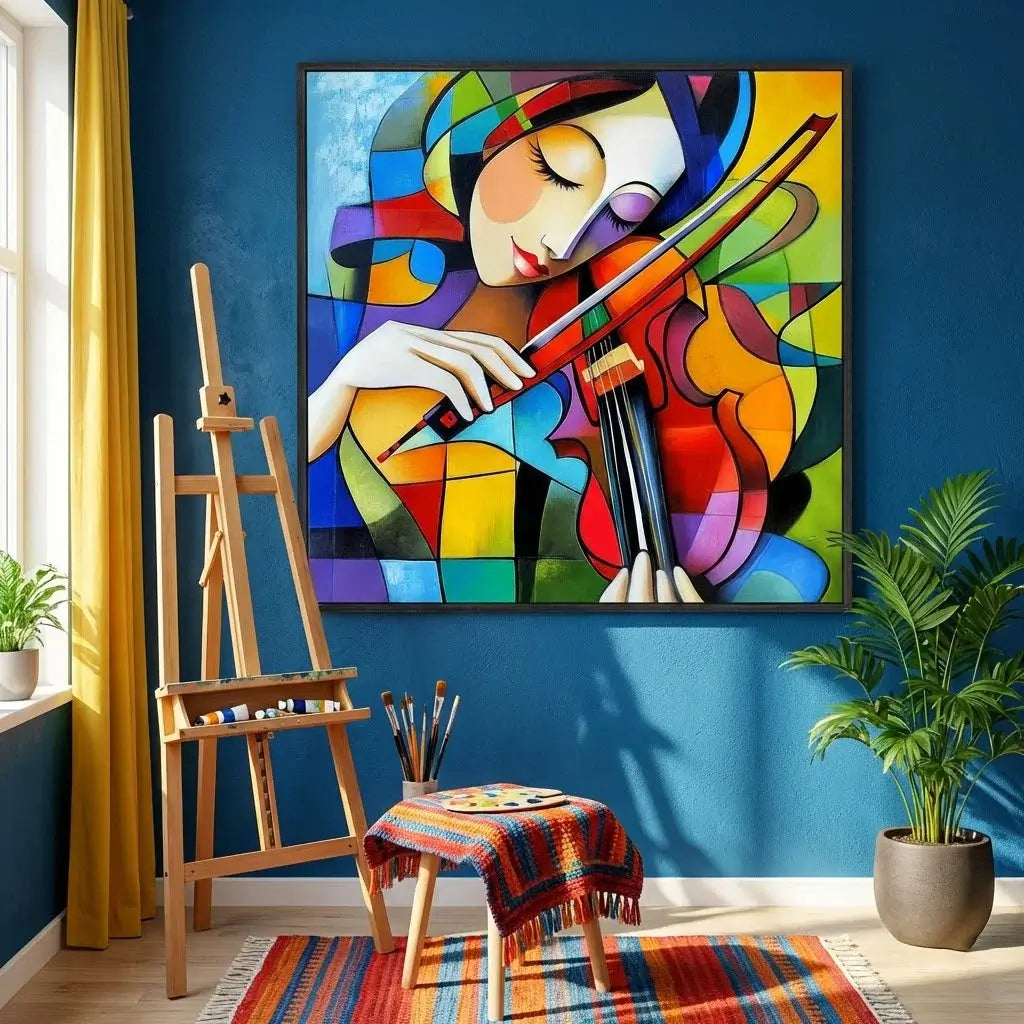 Colorful abstract painting of a woman playing a violin in a room with art supplies and plants.