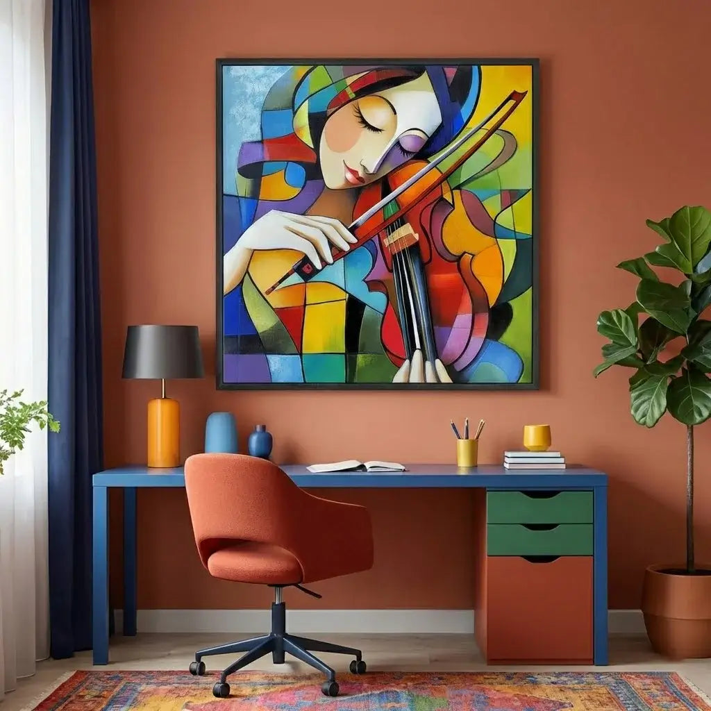 Colorful abstract painting of a woman playing the violin on an orange wall above a desk.
