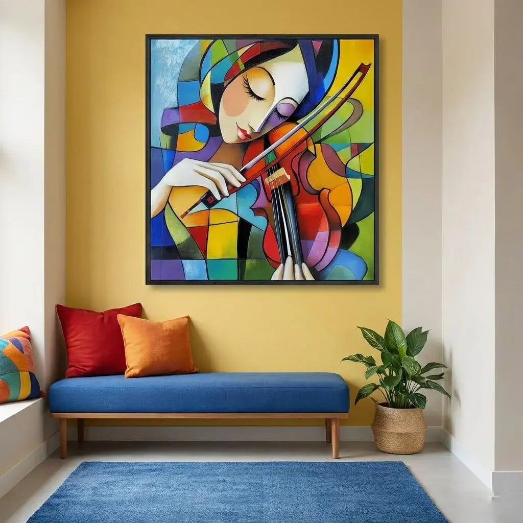 Colorful abstract painting of a woman playing a violin on a yellow wall above a blue bench.