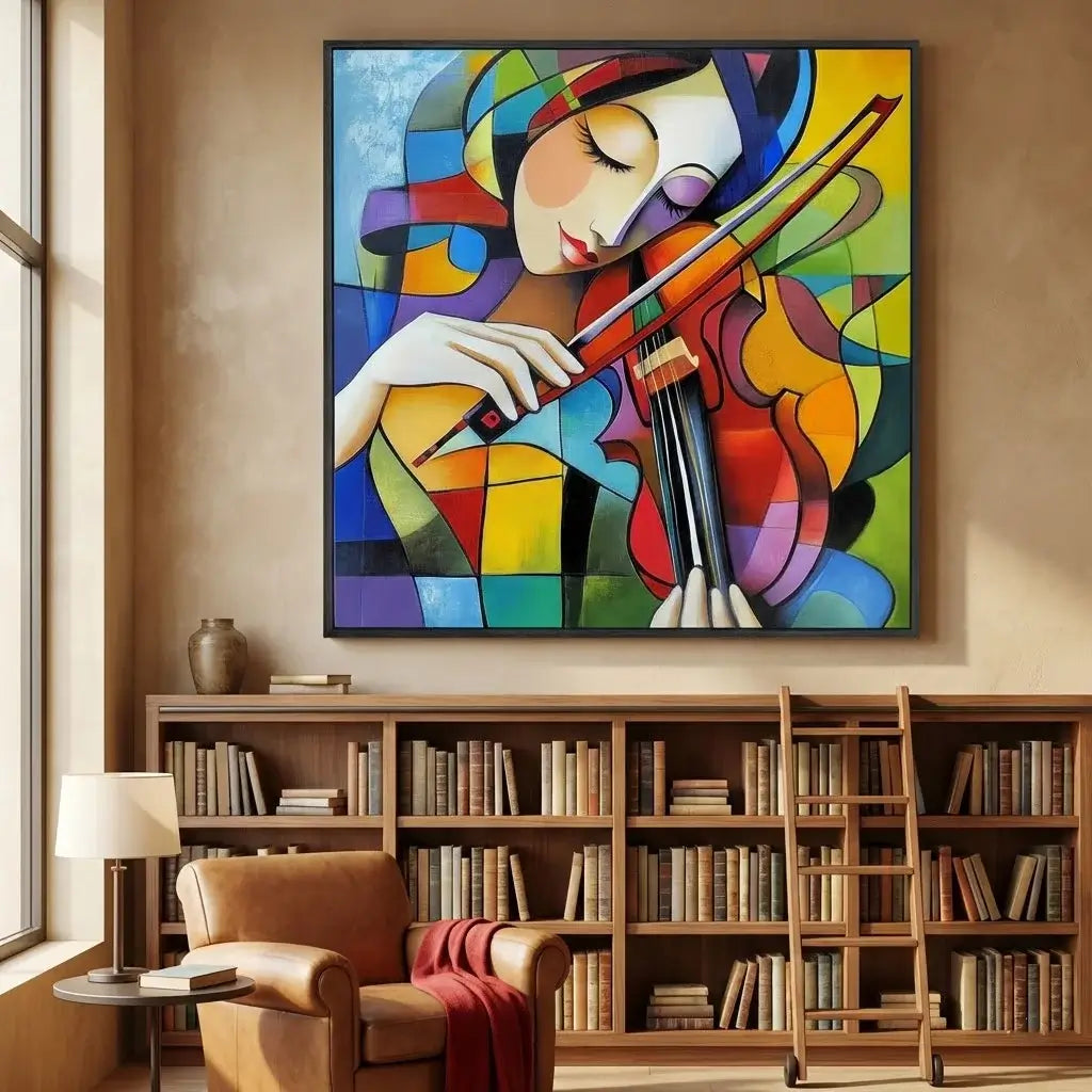 Colorful abstract painting of a woman playing a violin in a room with a bookshelf.