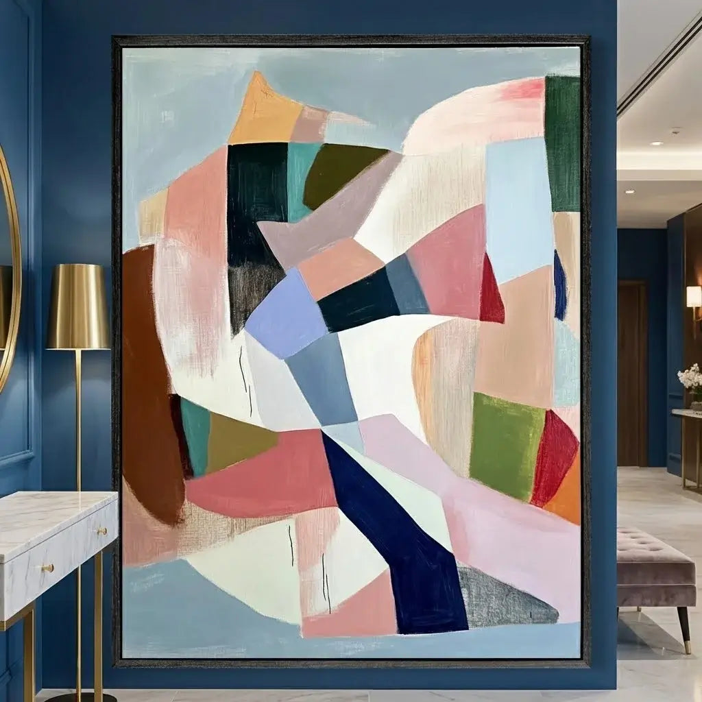Abstract art painting in a modern interior setting with a lamp and furniture.