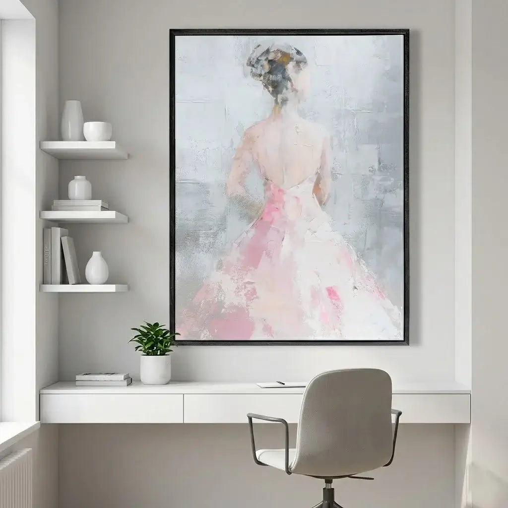 Modern office with a framed abstract painting of a woman in a pink dress.