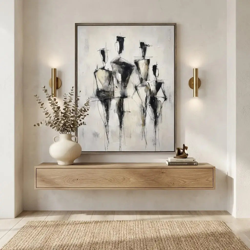 Modern interior with abstract art, wooden console table, and decorative items.