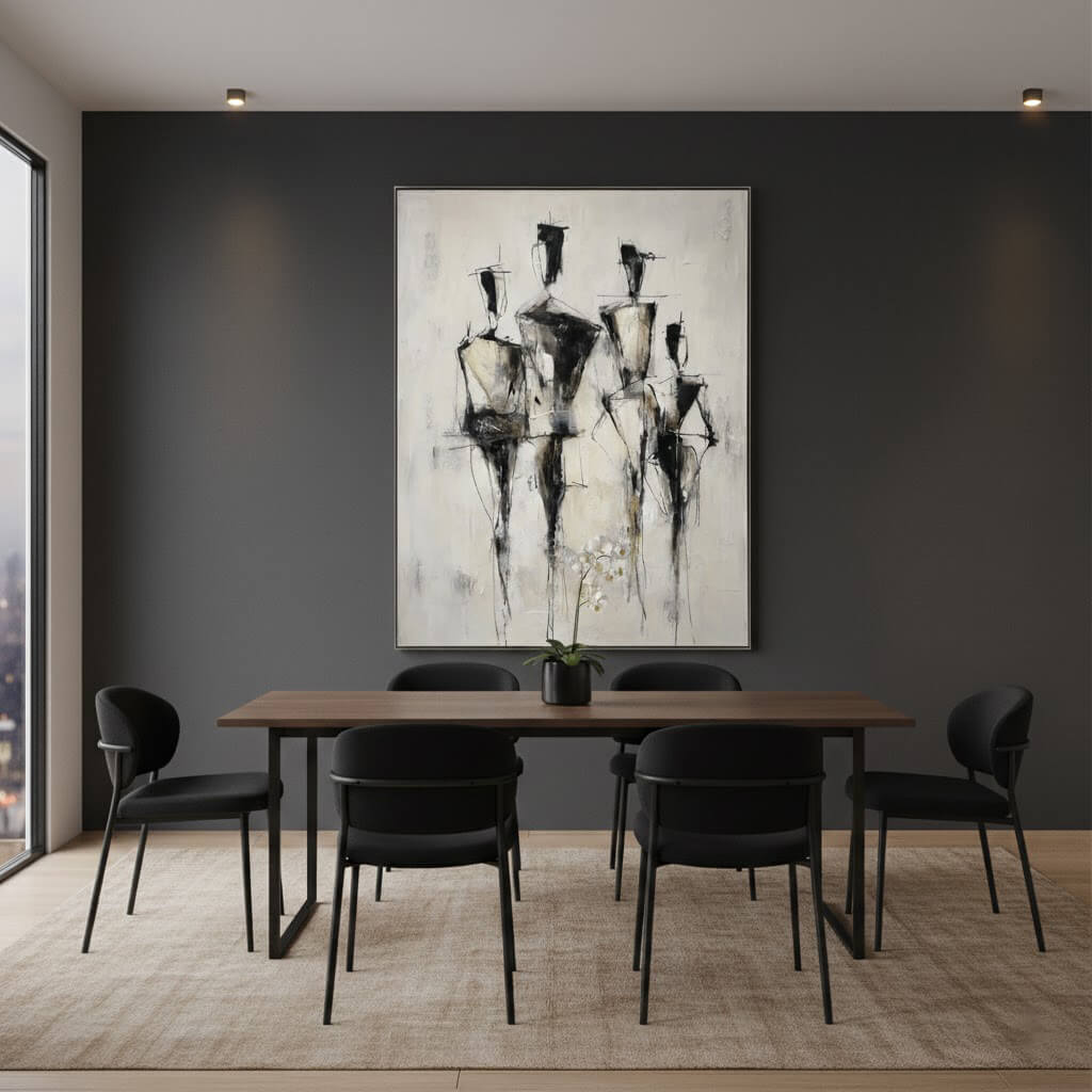 Dining room with a wooden table and black chairs, featuring an abstract painting on the wall.