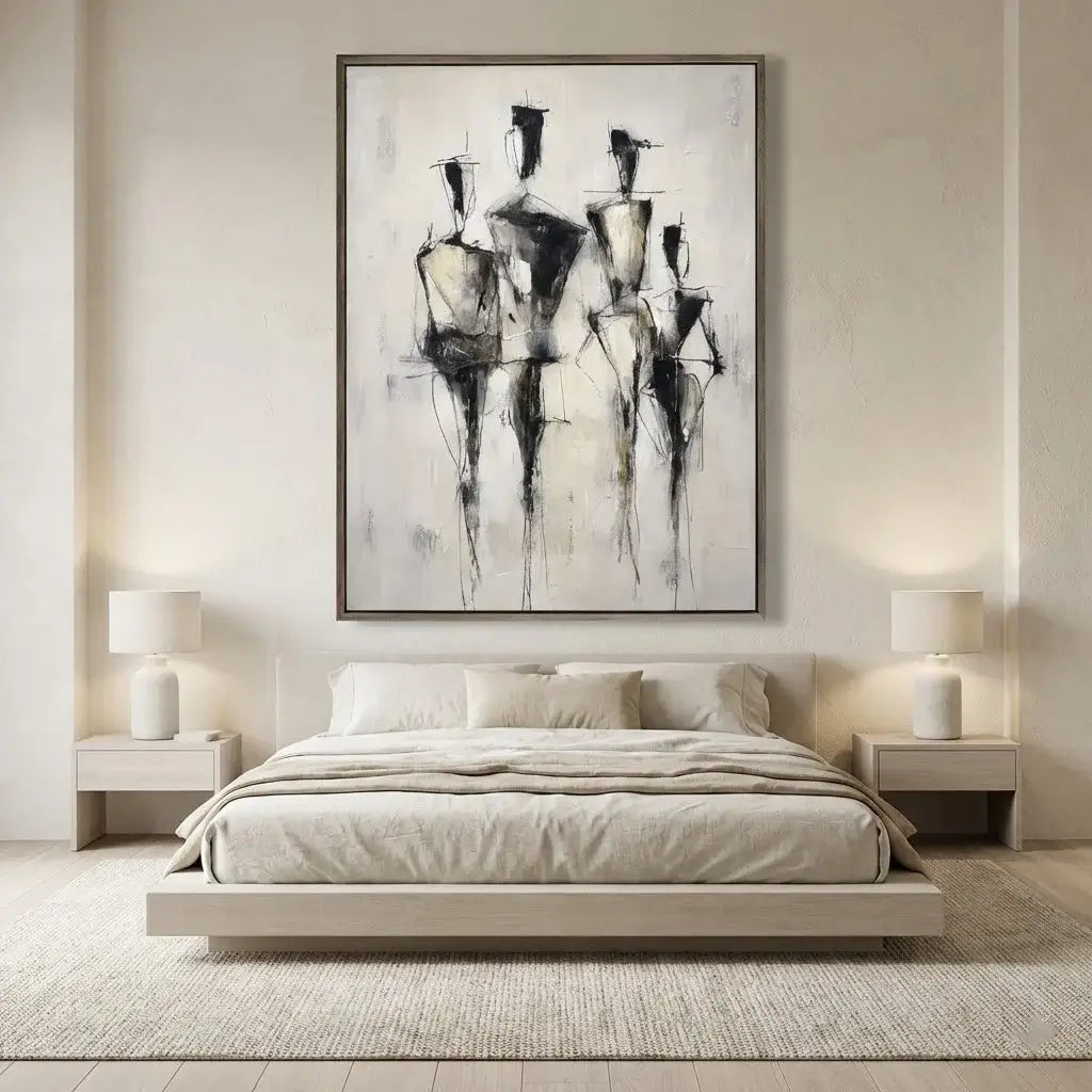 Modern bedroom with abstract art above a bed