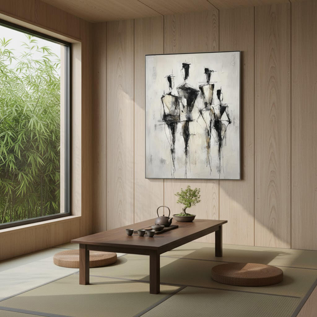 Modern interior with a wooden table, teapot, and framed abstract art on a wall.
