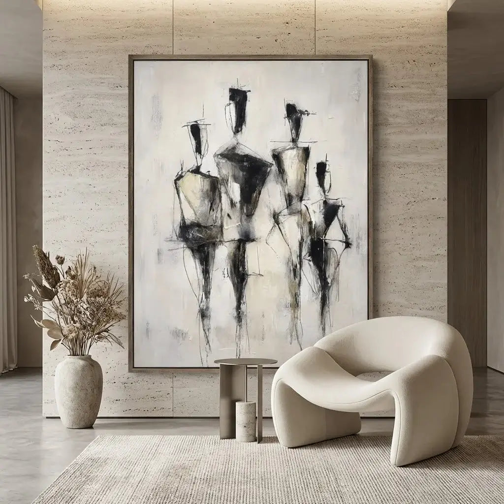 Modern interior with abstract art, a chair, and a vase.