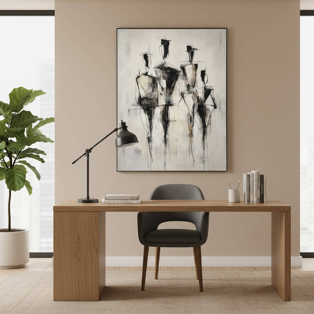Modern office setup with a wooden desk, chair, lamp, and abstract art on a beige wall.