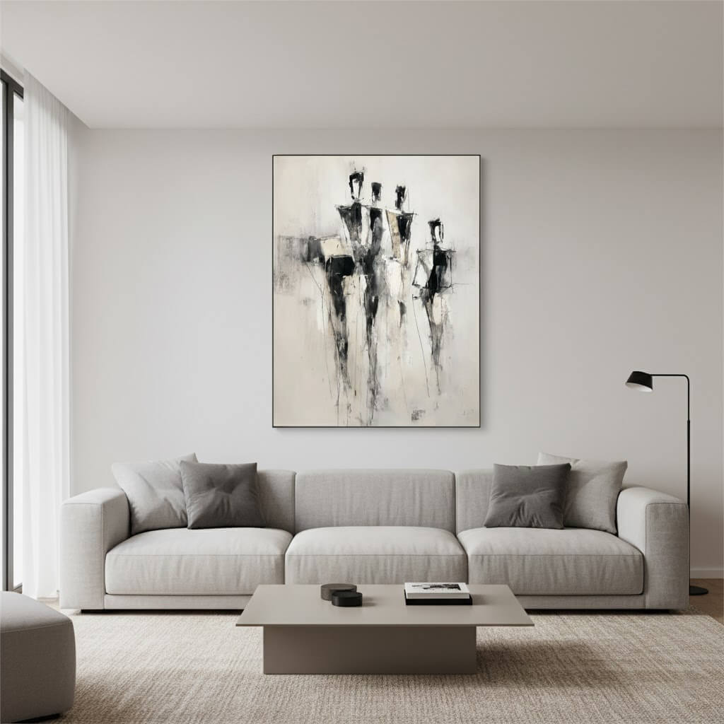 Modern living room with a gray sofa, coffee table, and abstract art on the wall.