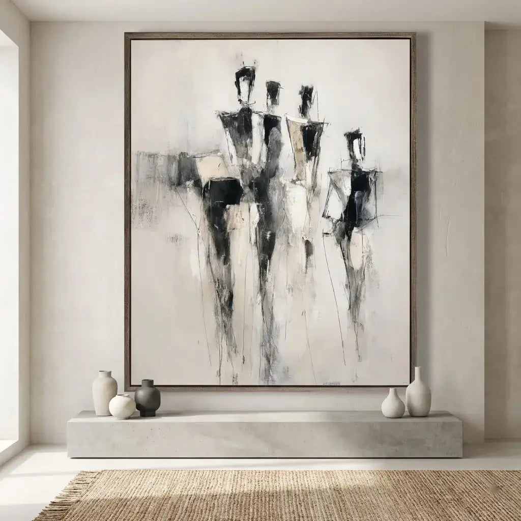Abstract art painting in a modern interior setting with neutral colors.