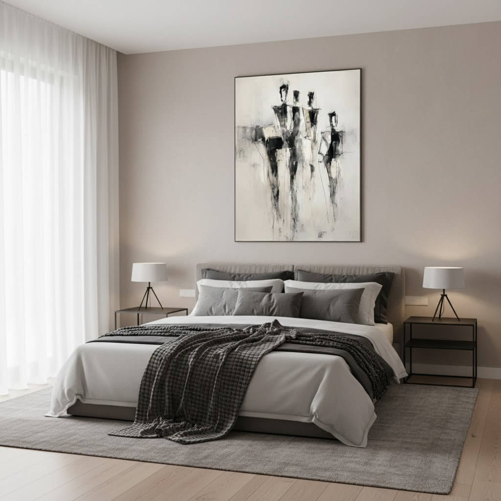 Modern bedroom with a bed, nightstands, and abstract art on the wall.