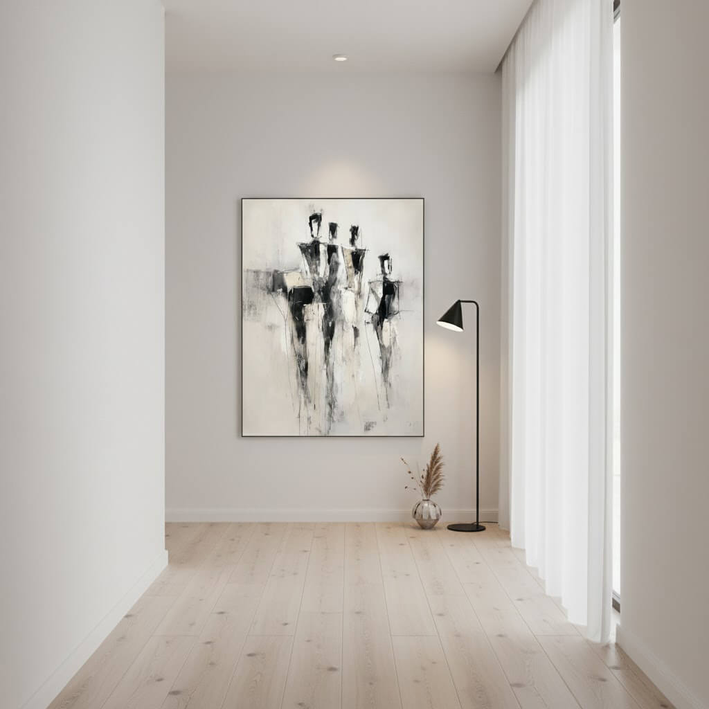 Modern interior with abstract black and white painting on a wall