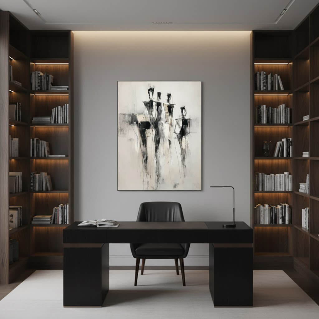 Modern office setup with a desk, chair, and wall art in a well-lit room.