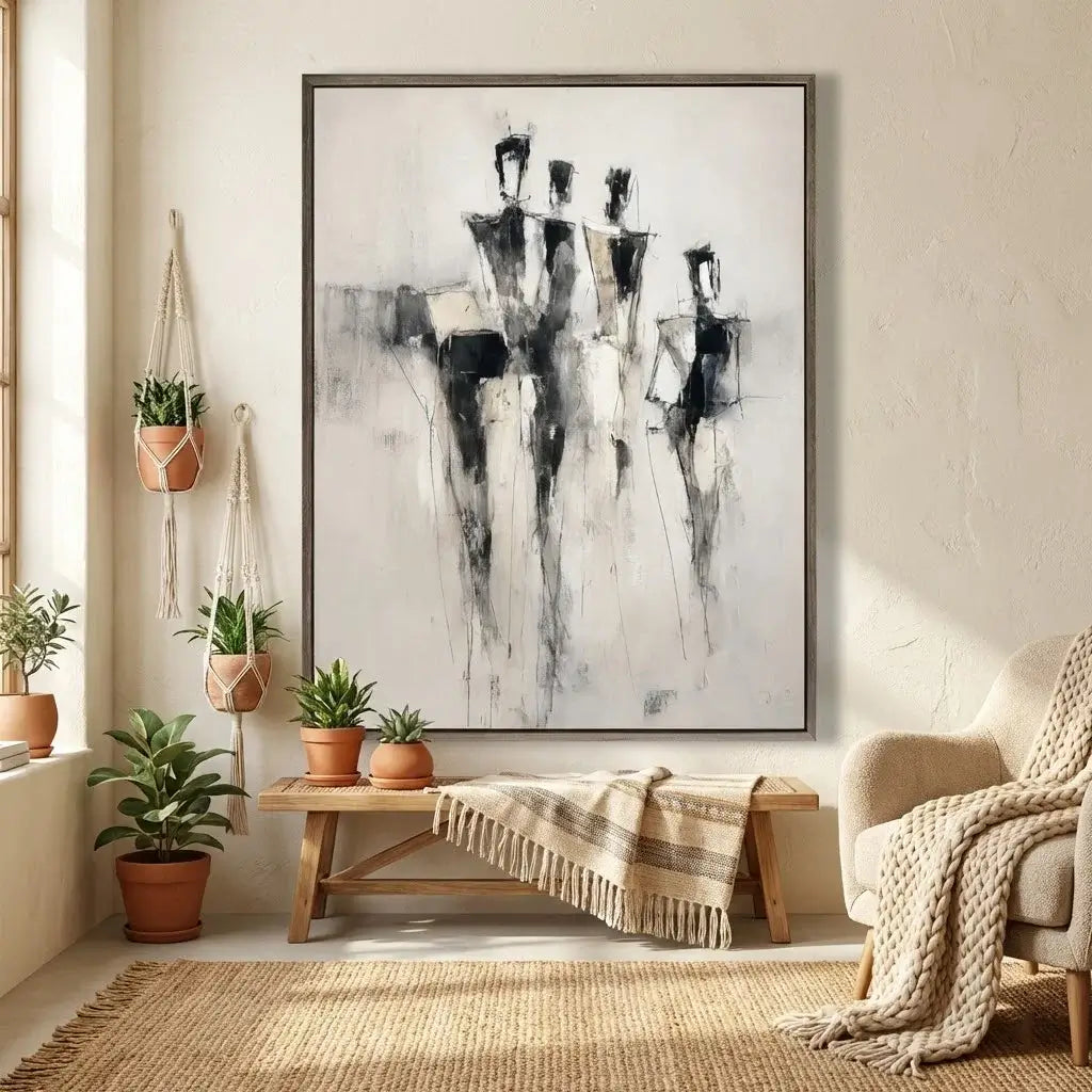 Living room with abstract art on the wall, plants, and a sofa.