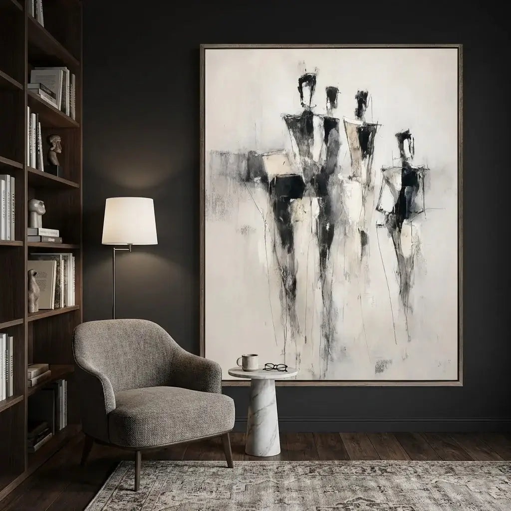 Modern interior with abstract art, chair, and bookshelf.