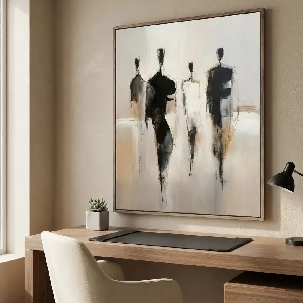 Modern office setup with a desk, chair, and abstract painting on the wall.