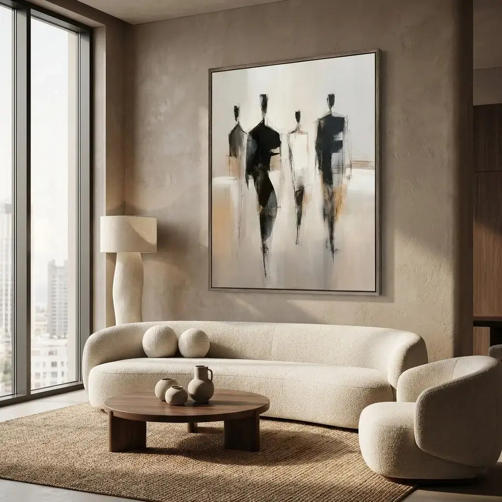 Modern living room with a beige sofa, round coffee table, and abstract art on the wall.