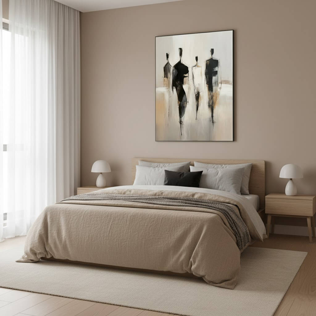 Modern bedroom with a bed, nightstands, and abstract art on the wall.