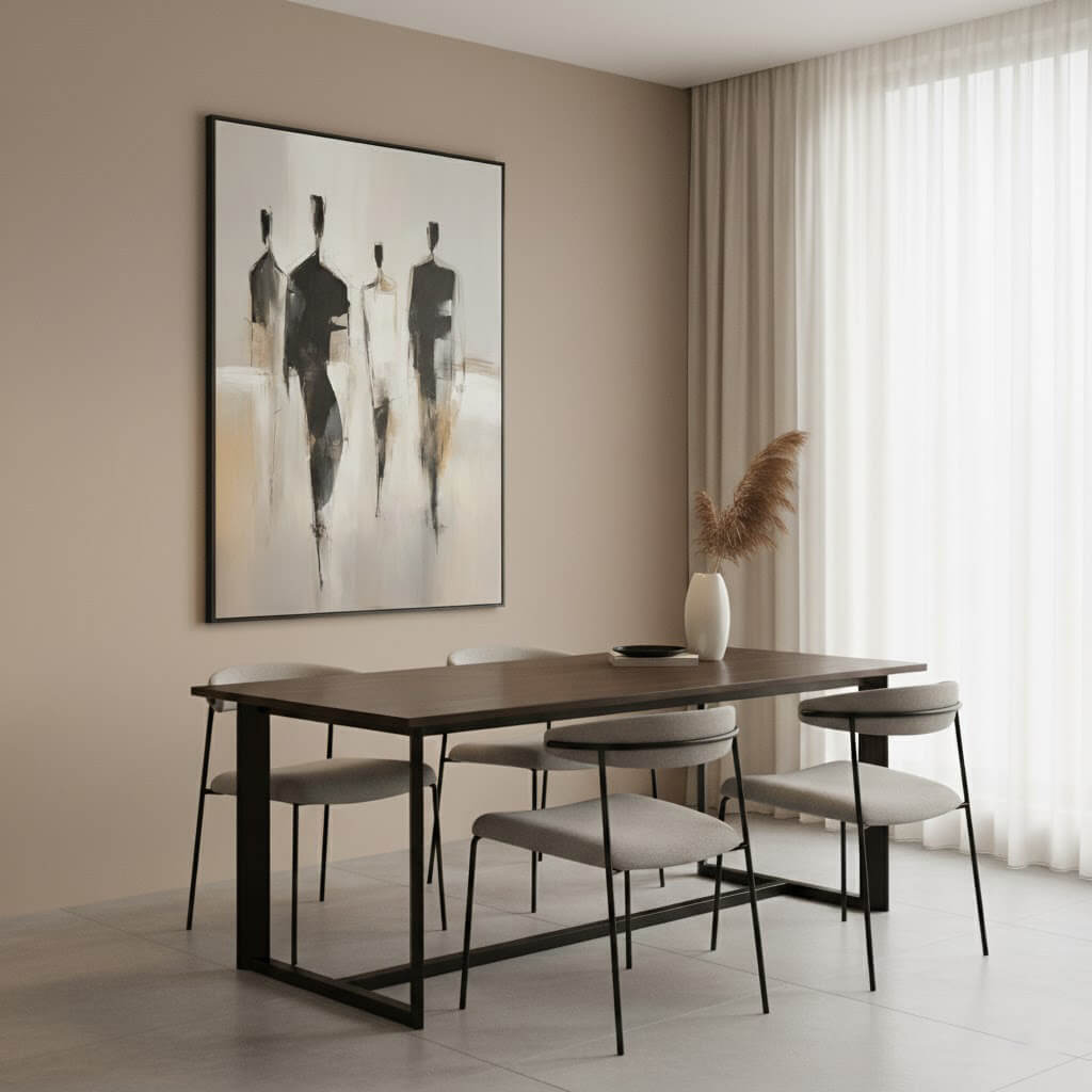 Modern dining room with a wooden table and chairs, featuring a large abstract painting on the wall.