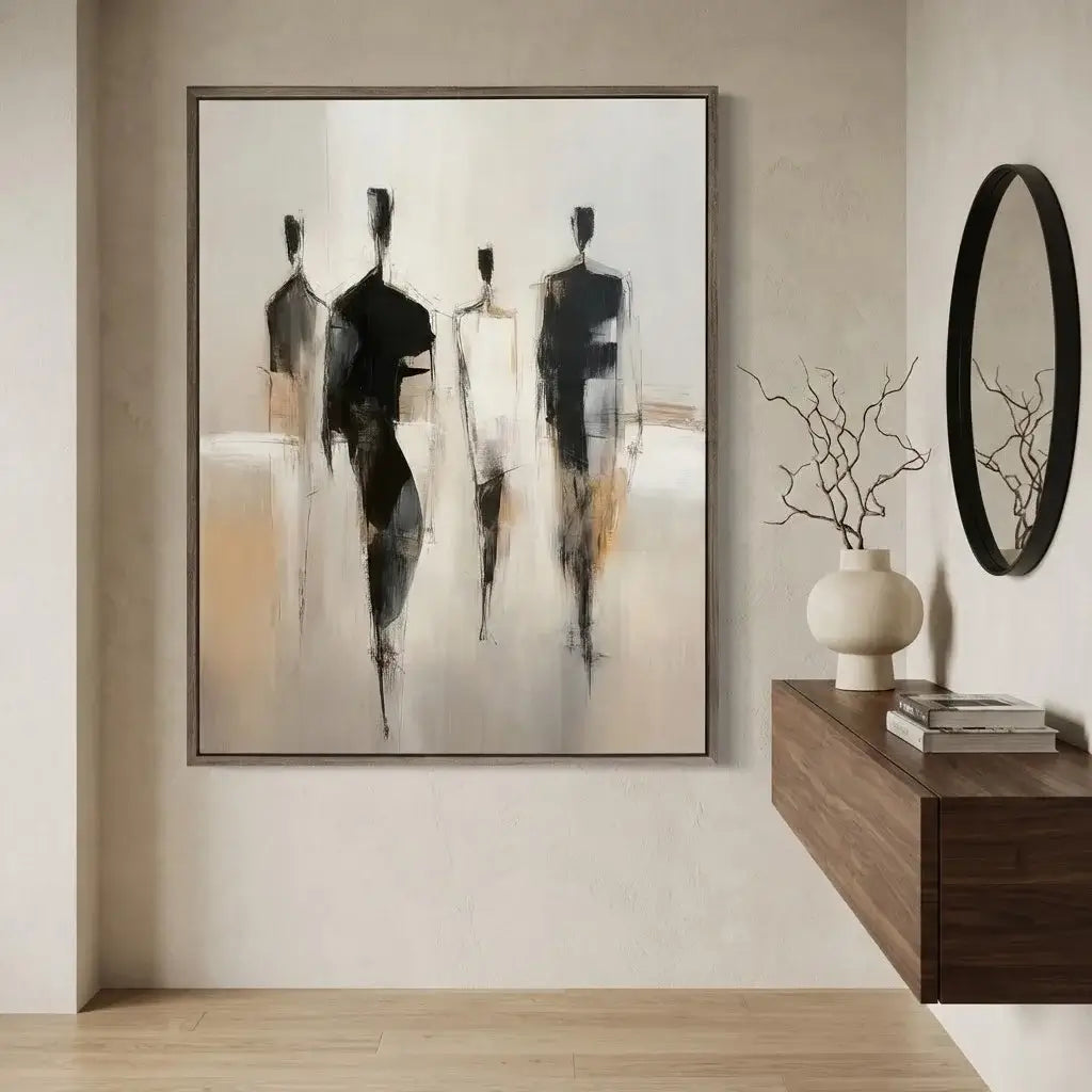 Abstract art piece on a wall in a modern interior setting with a wooden console table.
