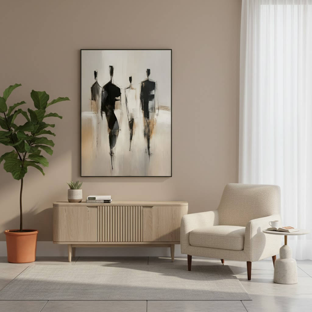 Modern living room with a painting, armchair, and console table.