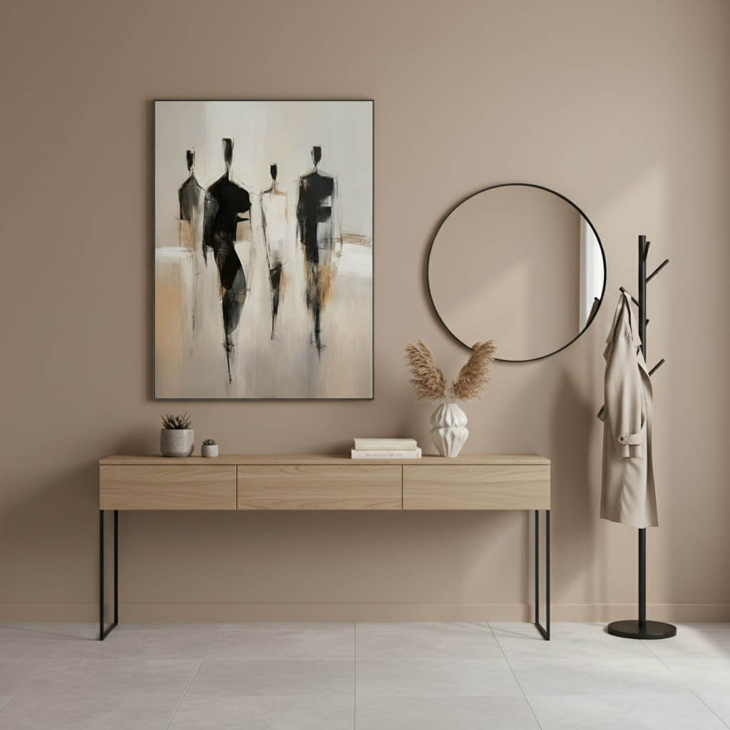 Modern interior with a wooden console table, round mirror, and abstract painting on a beige wall.