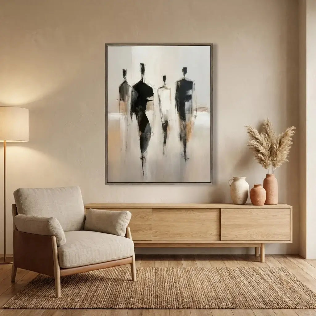 Modern living room with a neutral color scheme, featuring a painting above a wooden console table.
