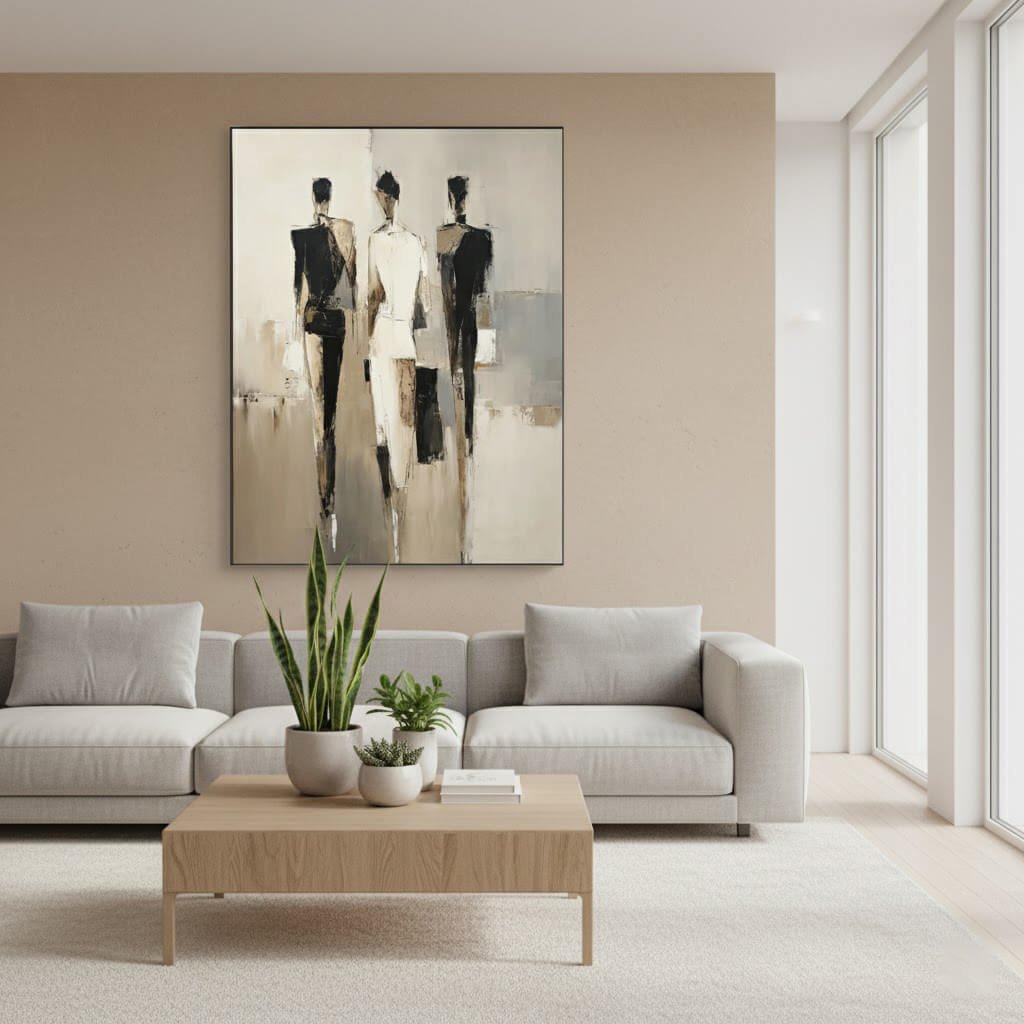 Modern living room with a gray sofa, wooden coffee table, and abstract art on the wall.