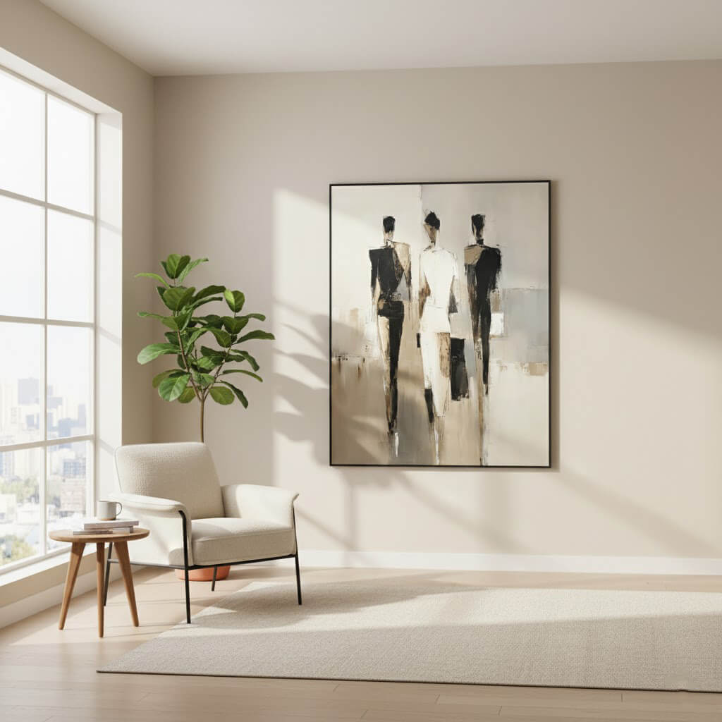 Modern living room with a large abstract painting on the wall, a chair, and a plant.