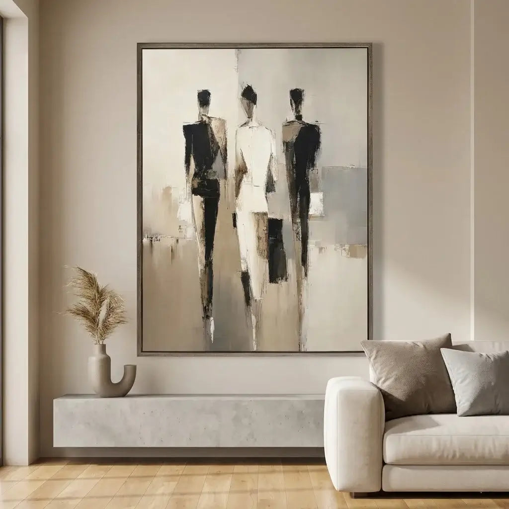 Abstract art of three figures in a modern living room setting.