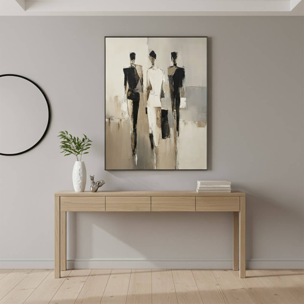 Modern interior with a wooden console table and abstract art on the wall.