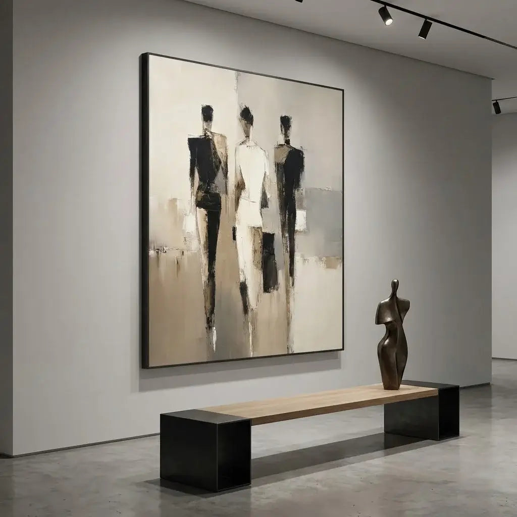 Modern interior with abstract painting and sculpture on a gray wall.