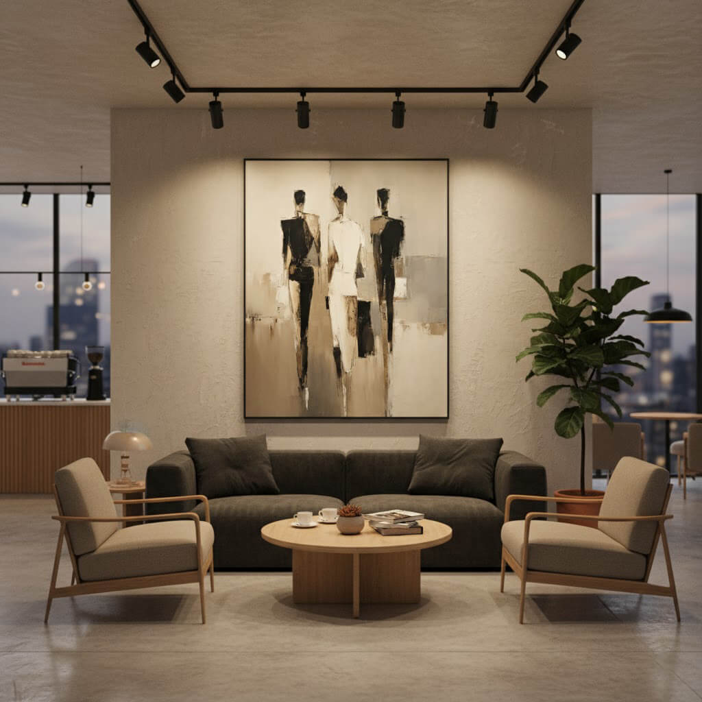 Modern living room with a gray sofa, two armchairs, a round coffee table, and a large abstract painting on the wall.