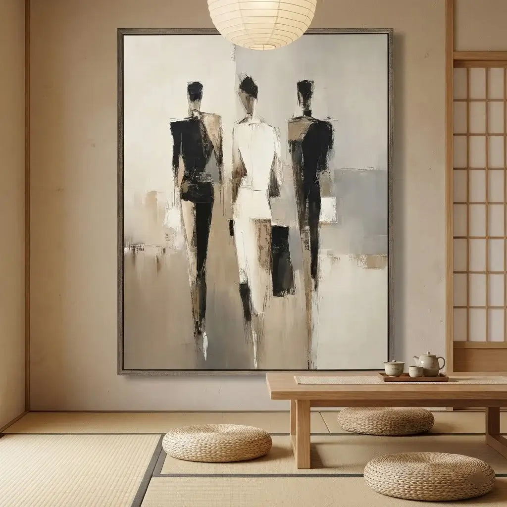 Abstract art of three figures in a minimalistic room with a wooden table and tea set.