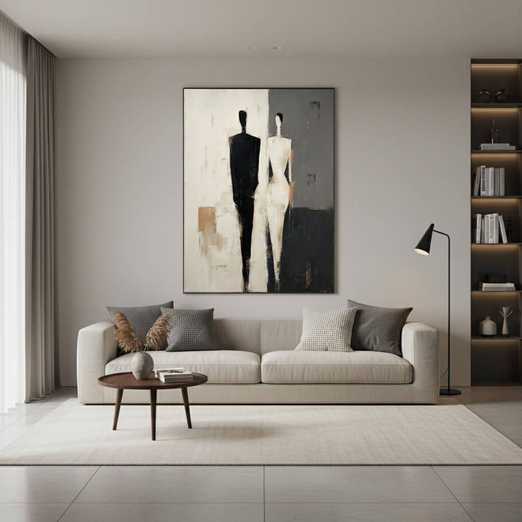 Modern living room with a beige sofa, coffee table, and abstract painting on the wall.