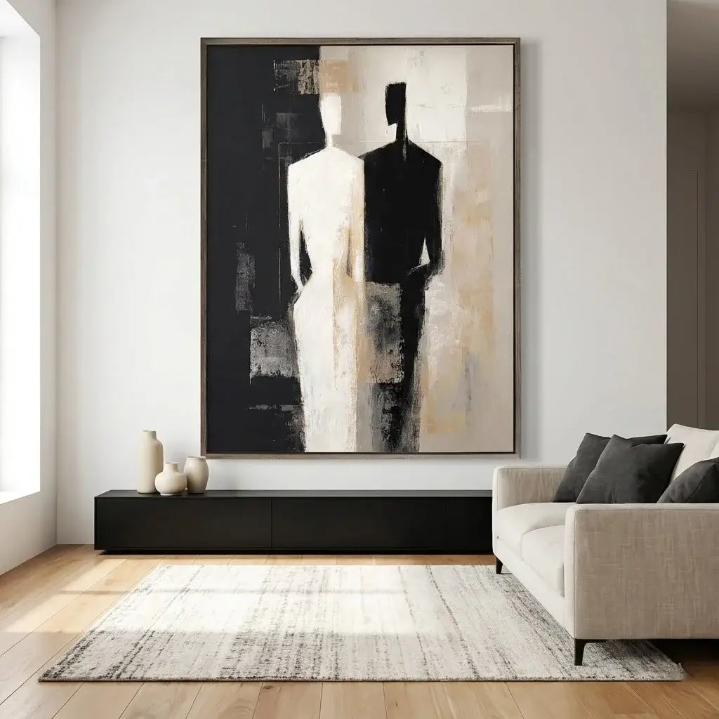 Living room with a large abstract painting of two figures on the wall.
