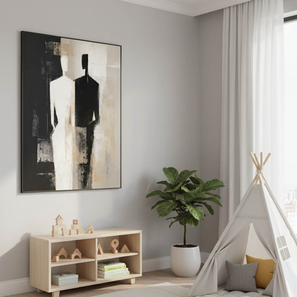 Modern interior with abstract art, plant, and children's play area