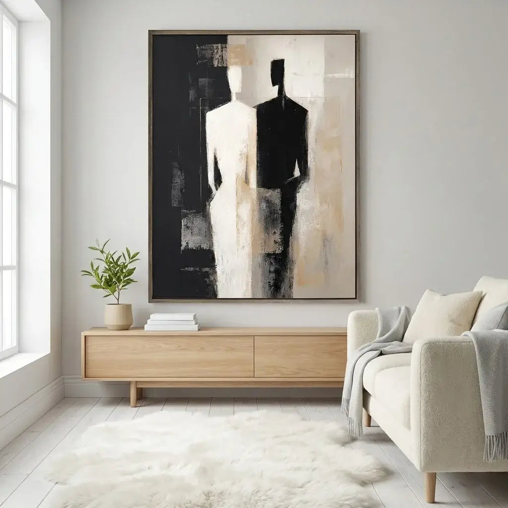 Modern living room with abstract art on the wall and a wooden console table.