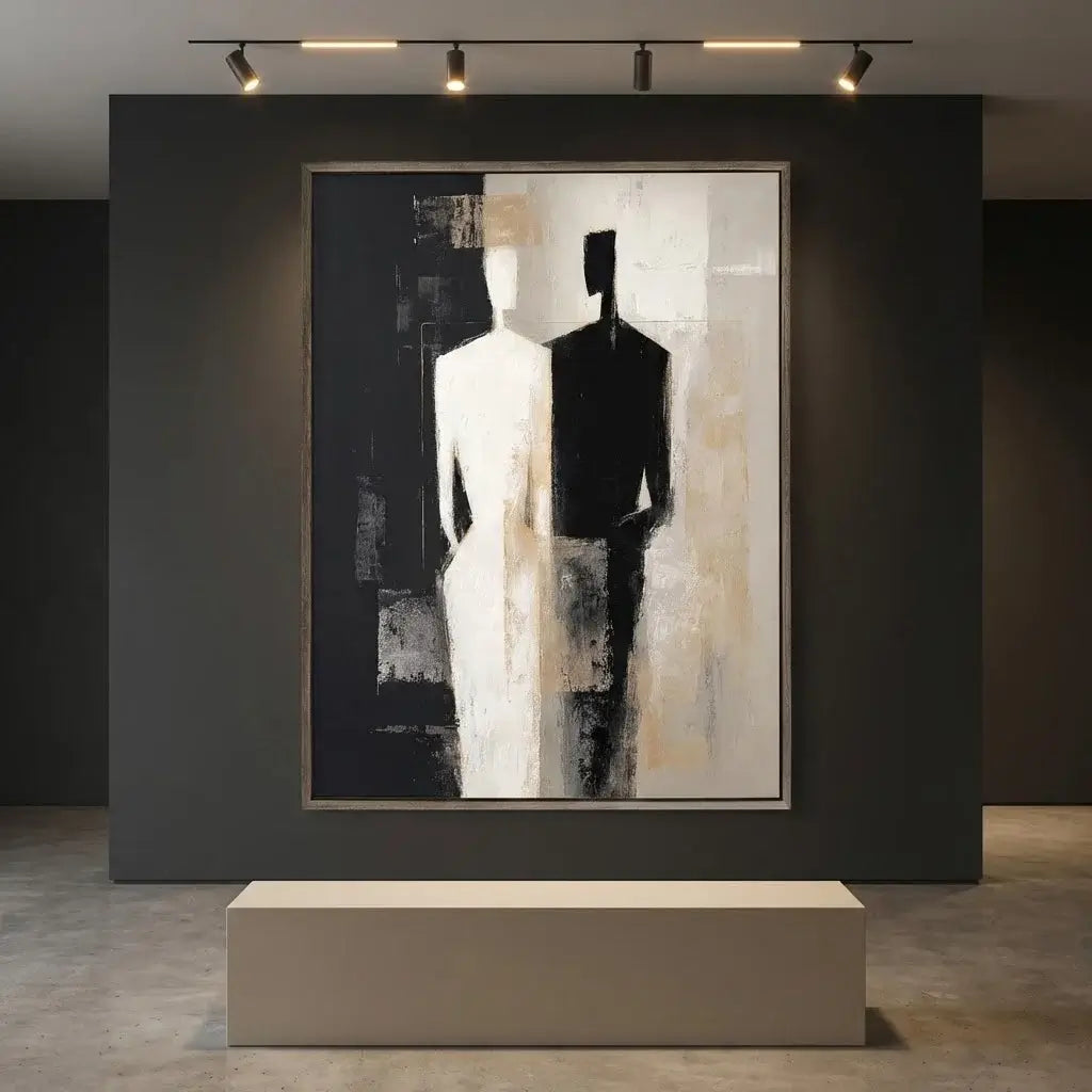 Abstract art piece of two figures in a modern gallery setting