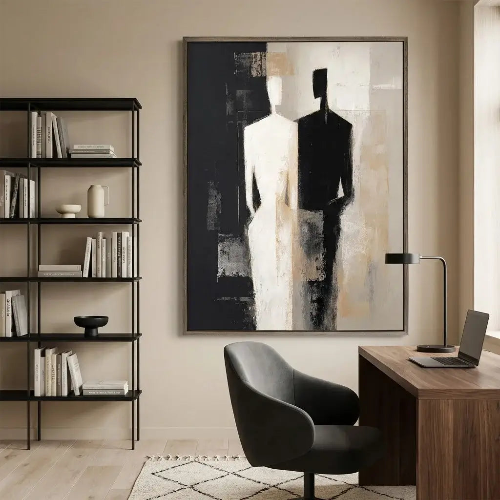 Modern home office with bookshelf, abstract painting, and desk.