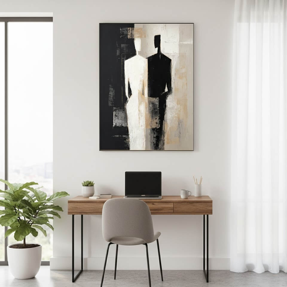 Modern home office with a wooden desk, chair, and abstract painting on the wall.