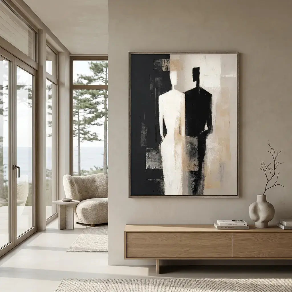 Modern interior with abstract art on the wall and a view of trees outside.