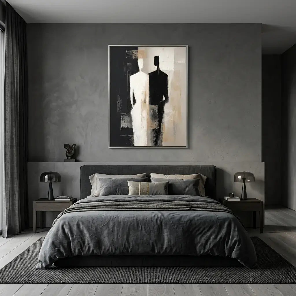 Modern bedroom with a bed, nightstands, and abstract art on the wall.