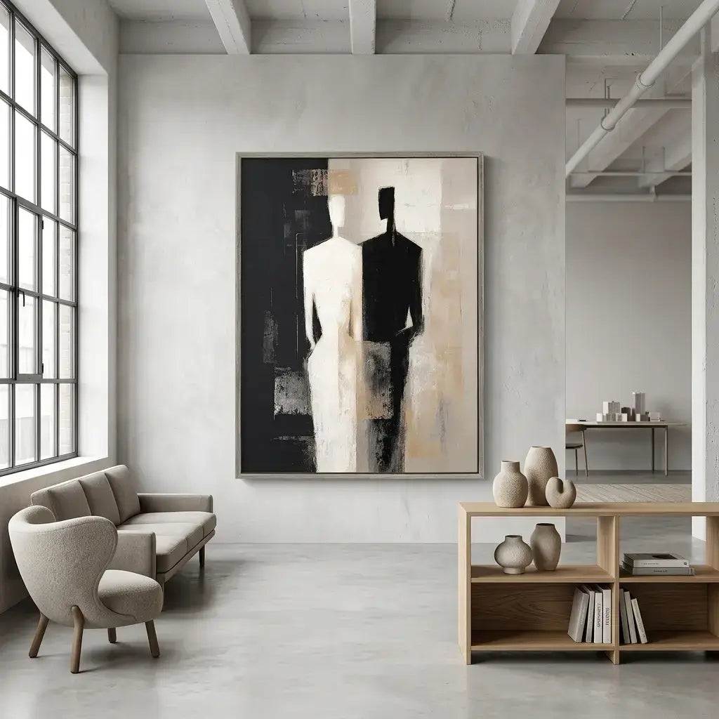 Modern living room with abstract art, furniture, and decor.