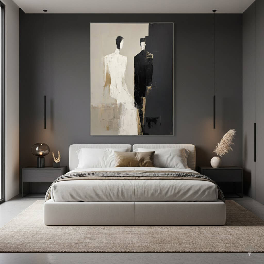 Modern bedroom with a bed, nightstands, and abstract art on the wall.