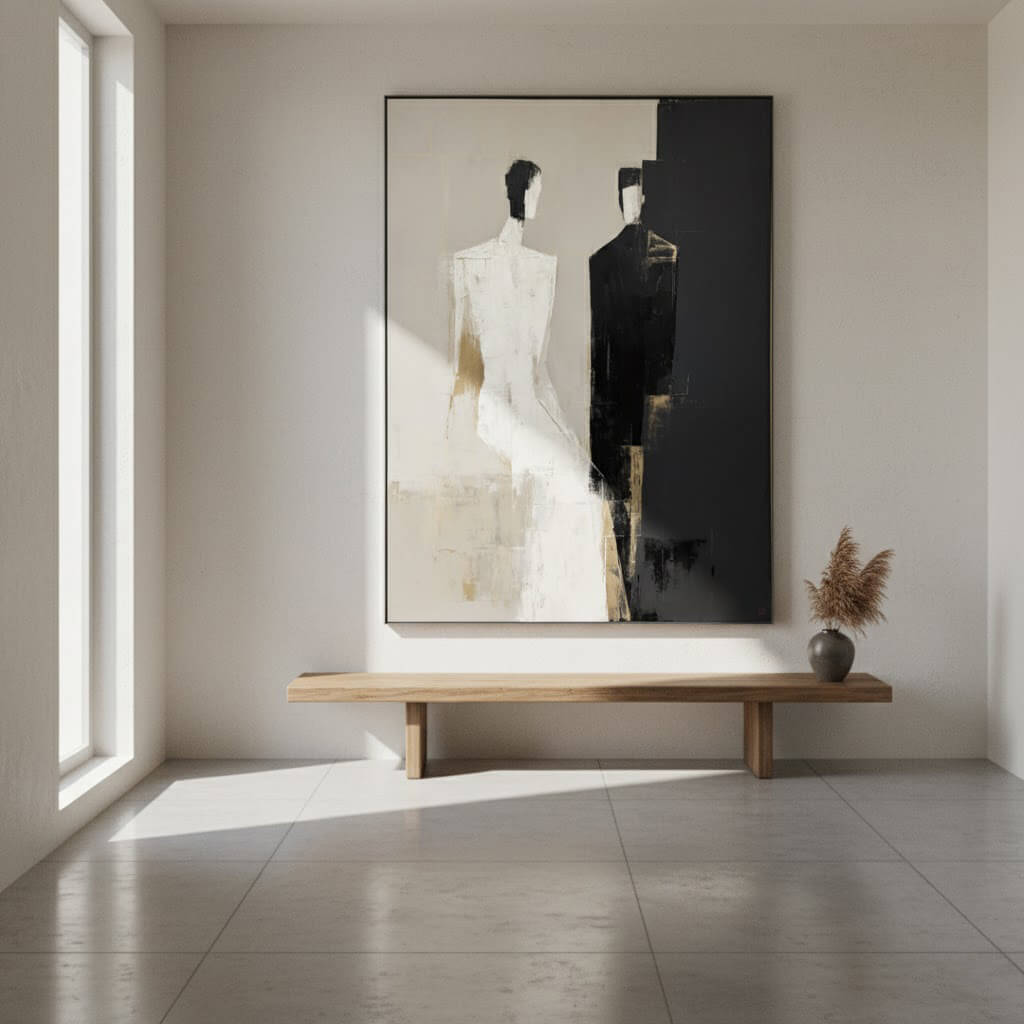 Modern interior with a large abstract painting on the wall, a wooden bench, and a vase.