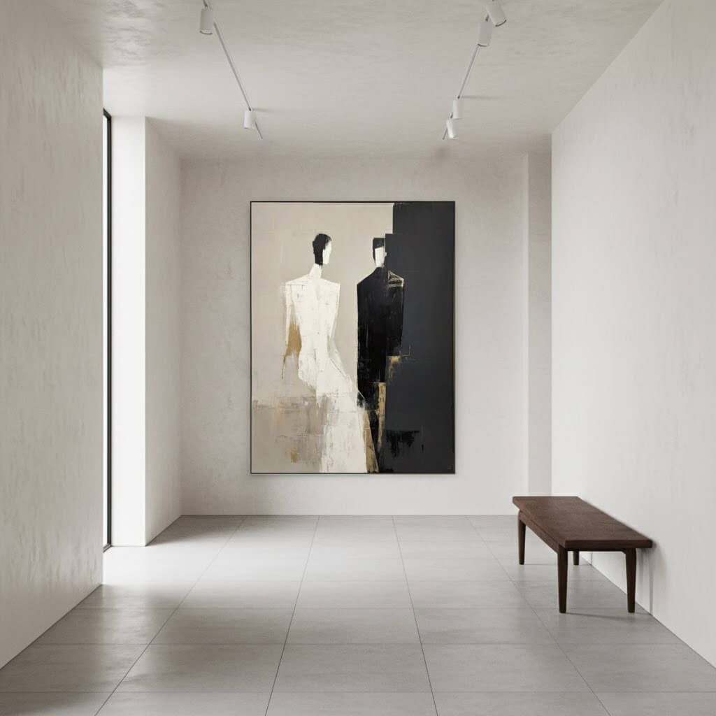 Modern interior with a large abstract painting of two figures on a wall, a bench below, and minimal decor.