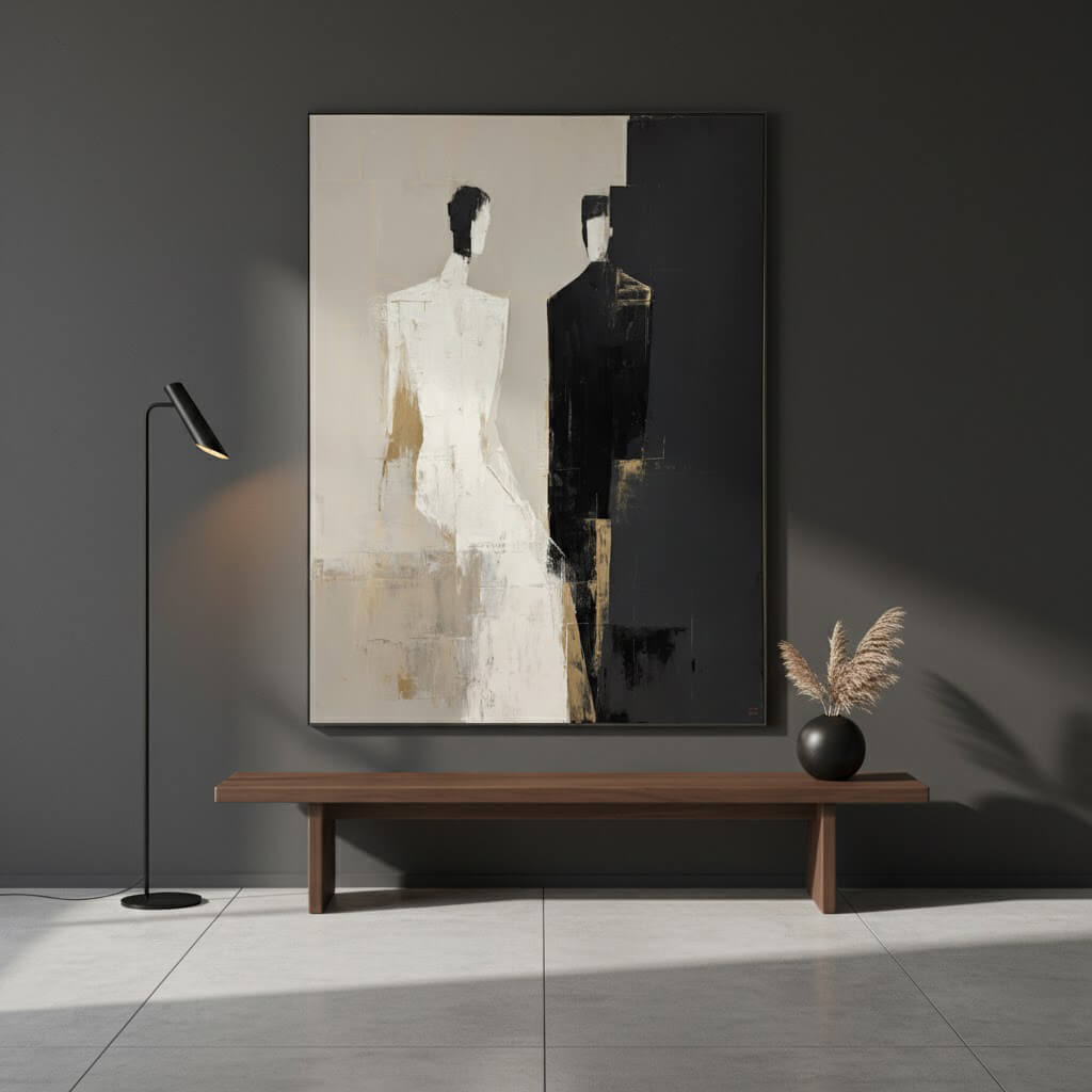 Abstract painting of two figures on a dark wall with a bench and lamp in the foreground.