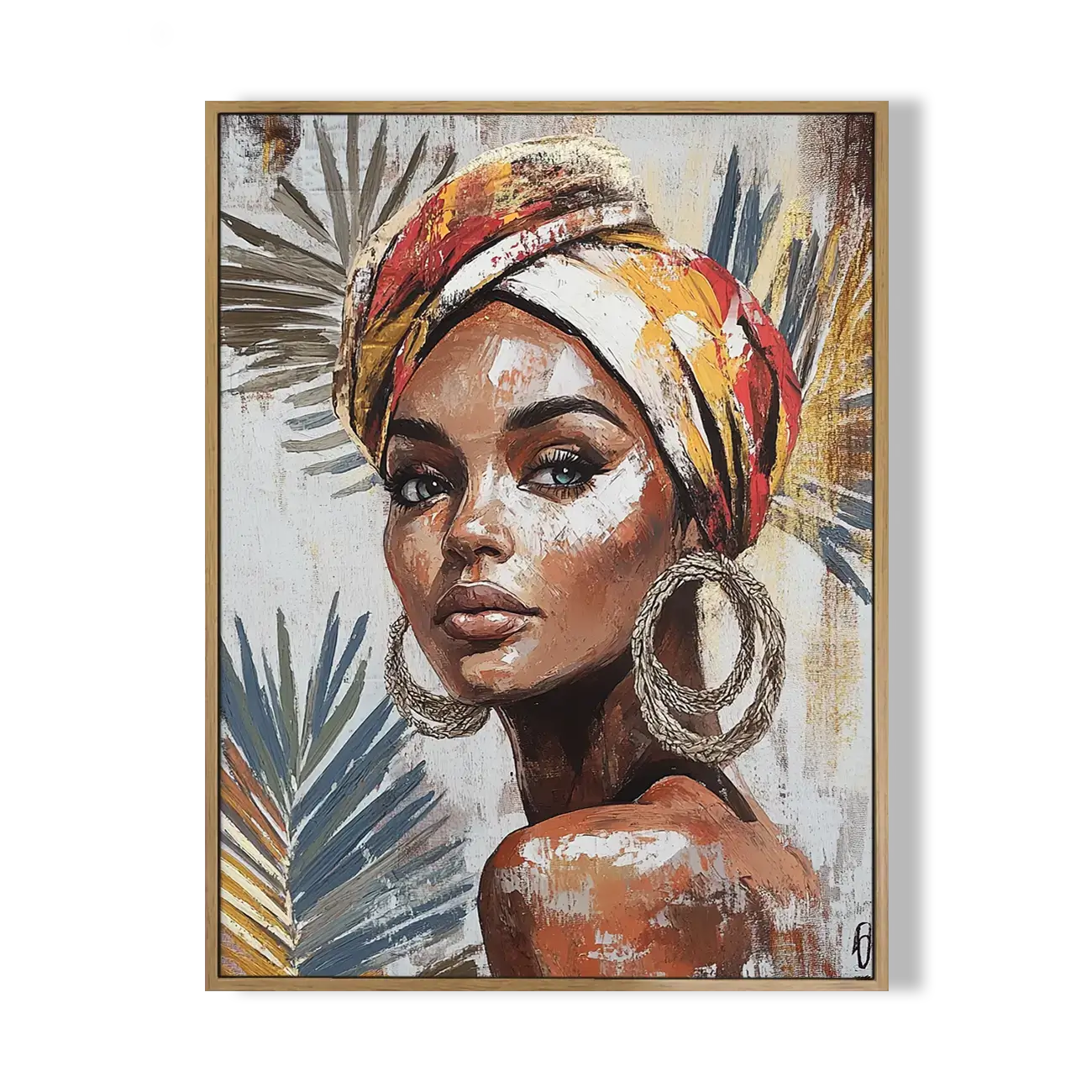 Artistic depiction of a woman with a colorful headscarf and large earrings against a leafy background.